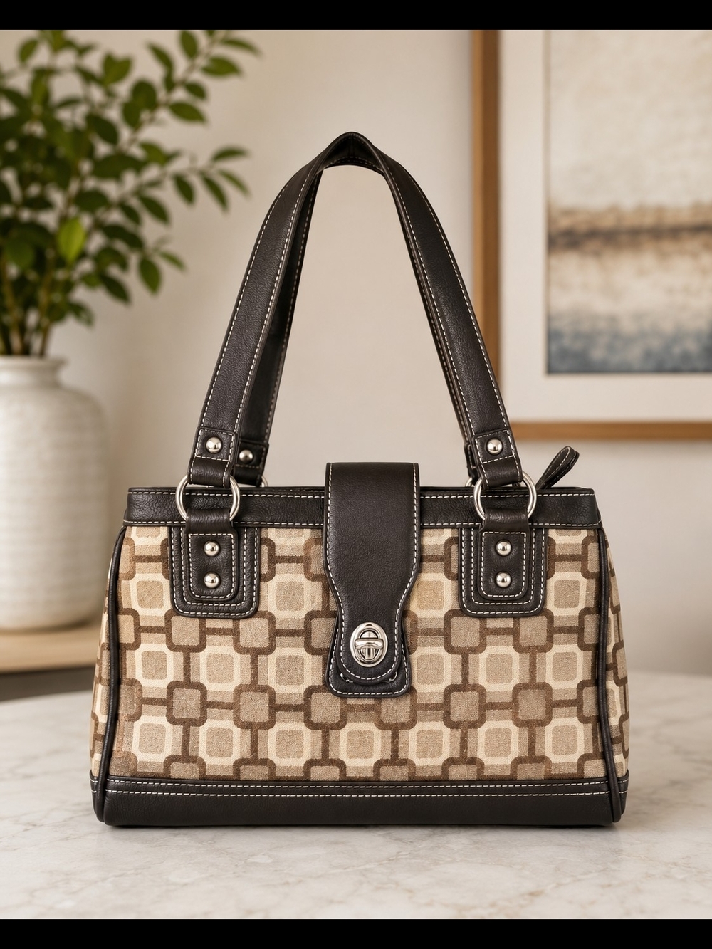 Brown & Beige Geometric Print Shoulder Handbag